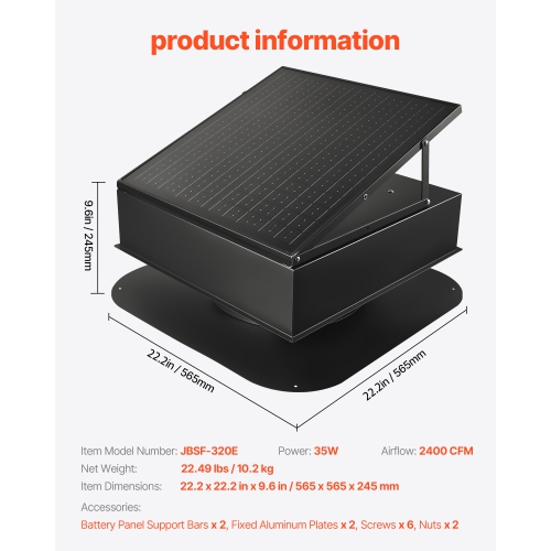VEVOR 35W Roof Attic Exhaust Fan, Smart Solar Roof Ventilation Fan with Thermostat, 2400 CFM Airflow Built-in Brushless DC Motor for Cooling and