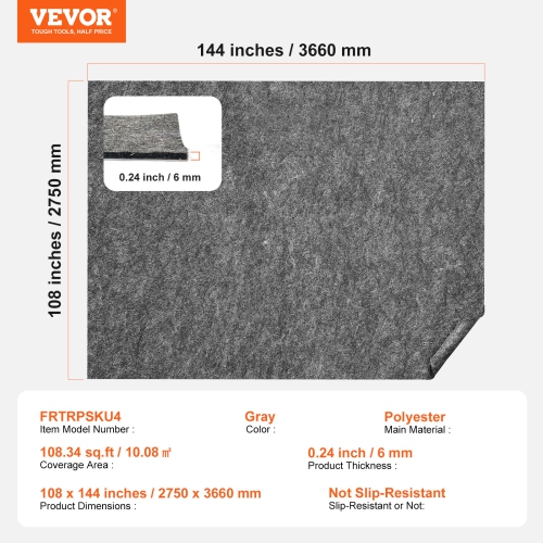 VEVOR 9' x 12' Rug Pad Without Slip Resistance, Protective Cushioning Carpet Pad, 1/4"Thick, 100% Pure Polyester Felt, 10-11㎡ Comfort Underfoot