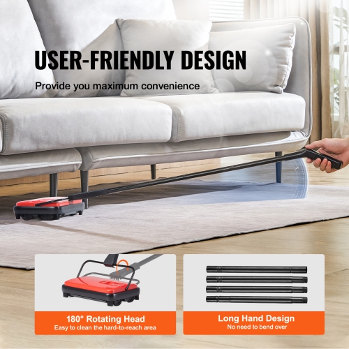 VEVOR Carpet Sweeper Manual, Floor Sweeper with 300 ml Dustbin Capacity Easy to Empty, 6.7 inch Cleaning Width for Home Office Carpets Pet Hair Dust,