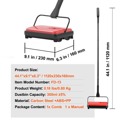 VEVOR Carpet Sweeper Manual, Floor Sweeper with 300 ml Dustbin Capacity Easy to Empty, 6.7 inch Cleaning Width for Home Office Carpets Pet Hair Dust,