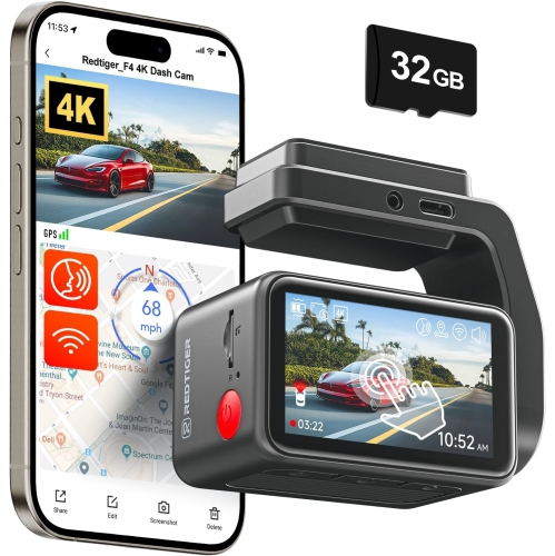 REDTIGER 4K Dash Cam Front,2.2 inch Mini Car Camera,2160P UHD Touch Screen,Voice Control,Included 32GB Card,Night Vision,Built-in GPS,WiFi APP