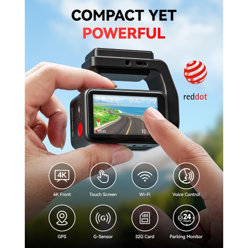 REDTIGER 4K Dash Cam Front,2.2 inch Mini Car Camera,2160P UHD Touch Screen,Voice Control,Included 32GB Card,Night Vision,Built-in GPS,WiFi APP
