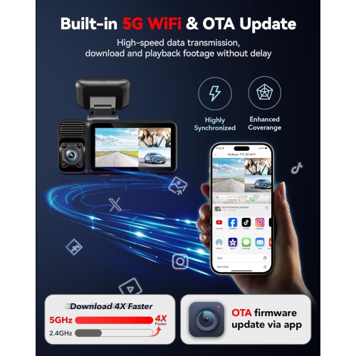 REDTIGER 3-Channel 4K UHD Dash Cam with 64G Card, GPS & Wi-Fi