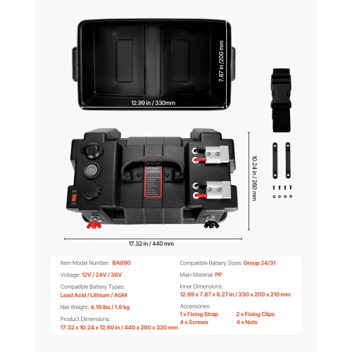 VEVOR Battery Box, Group 24/31 Trolling Motor Battery Box, 12V/24V/36V Marine Batteries Case with PP Shell and Dual Straps, Smart Batteries Case,