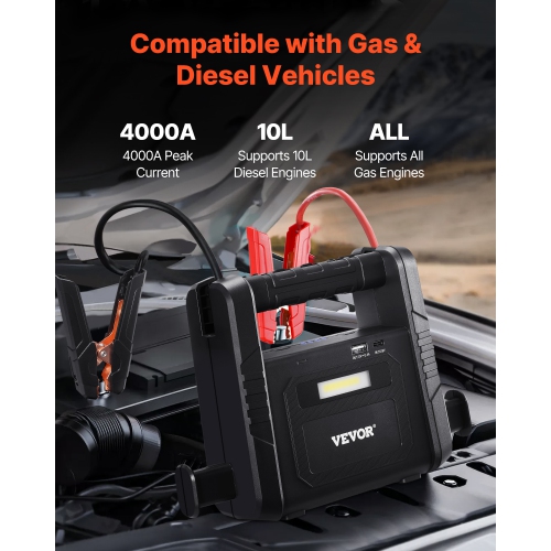 VEVOR 4000A Peak Jump Starter, Car Battery Starter Power Pack, Battery Booster with Air Compressor Jumper Cables LCD Display LED Light, for All