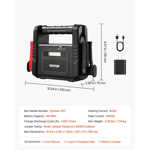 VEVOR 4000A Peak Jump Starter, Car Battery Starter Power Pack, Battery Booster with Air Compressor Jumper Cables LCD Display LED Light, for All
