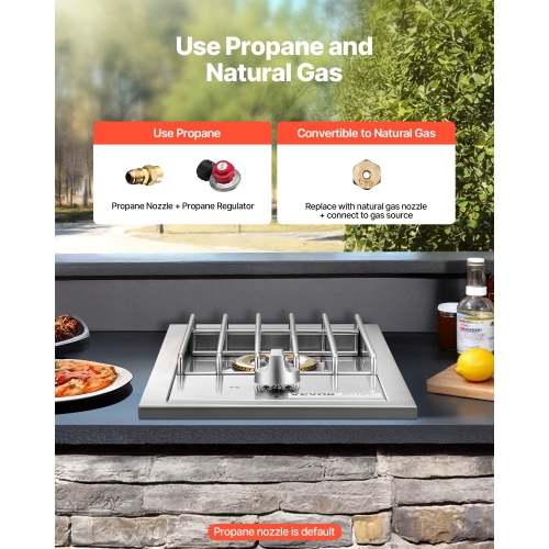 VEVOR 15,000BTU Single Grilling Side Burner,Liquid Propane Side Burner for Outdoor Kitchen, Convertible to Natural Gas, 304 Stainless Steel Built-in