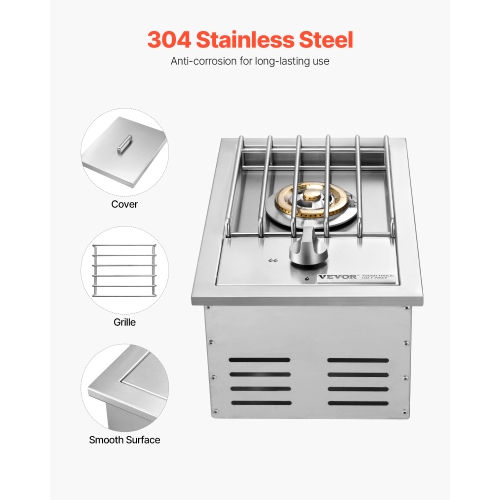 VEVOR 15,000BTU Single Grilling Side Burner,Liquid Propane Side Burner for Outdoor Kitchen, Convertible to Natural Gas, 304 Stainless Steel Built-in