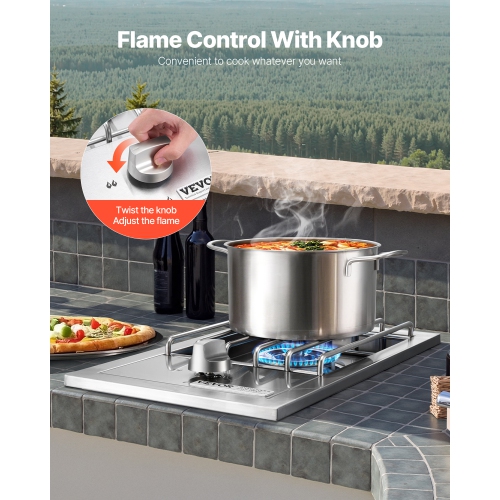 VEVOR 15,000BTU Single Grilling Side Burner,Liquid Propane Side Burner for Outdoor Kitchen, Convertible to Natural Gas, 304 Stainless Steel Built-in
