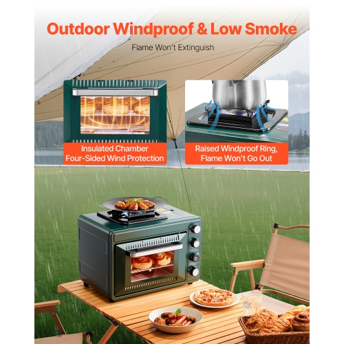 VEVOR 2-in-1 Outdoor Oven, Portable Gas Camping Stove Oven Combo, Adjustable Fire, 60-Minute Timer, Windproof, with Grill Shelf and Roasting Tray,