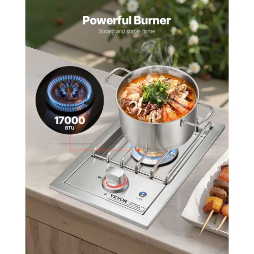 VEVOR 17,000BTU Single Grilling Side Burner, Liquid Propane Side Burner for Outdoor Kitchen, Convertible to Natural Gas, 304 Stainless Steel Built-in