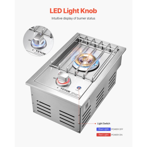 VEVOR 17,000BTU Single Grilling Side Burner, Liquid Propane Side Burner for Outdoor Kitchen, Convertible to Natural Gas, 304 Stainless Steel Built-in