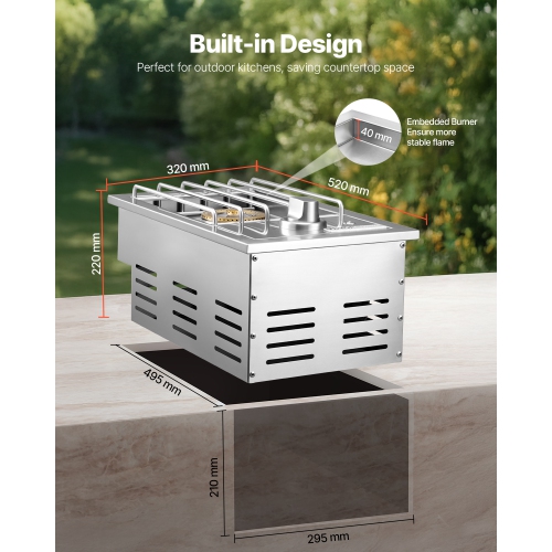 VEVOR 17,000BTU Single Grilling Side Burner, Liquid Propane Side Burner for Outdoor Kitchen, Convertible to Natural Gas, 304 Stainless Steel Built-in