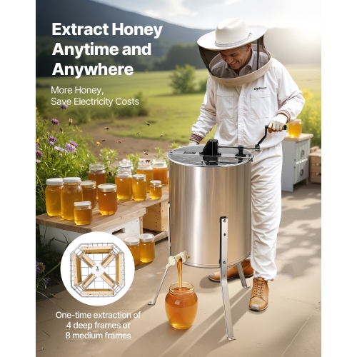 VEVOR 4/8 Frame Honey Extractor, Manual Honey Spinner with Transparent Lid, Stainless Steel Honeycomb Drum Spinner with Height Adjustable Stand,