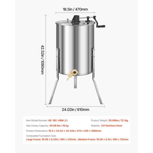 VEVOR 4/8 Frame Honey Extractor, Manual Honey Spinner with Transparent Lid, Stainless Steel Honeycomb Drum Spinner with Height Adjustable Stand,
