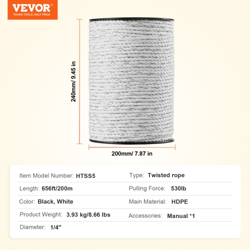 VEVOR 656Ft 200M Electric Fence Wire, Portable Polywire, 1/4" Diameter 6 Stainless Steel Strands for Reliable Conductivity and UV, Rust Resistance,