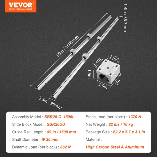 VEVOR SBR20 1500mm Linear Guide Rail Set, 2 PCS 59 in/1500 mm SBR20 Guide Rails and 4 PCS SBR20UU Slide Blocks, Linear Rails and Bearings Kit for