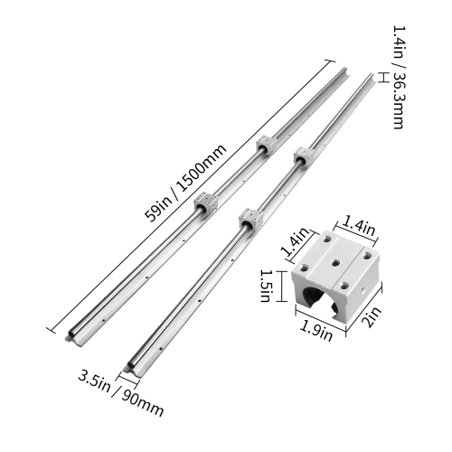 VEVOR SBR20 1500mm Linear Guide Rail Set, 2 PCS 59 in/1500 mm SBR20 Guide Rails and 4 PCS SBR20UU Slide Blocks, Linear Rails and Bearings Kit for