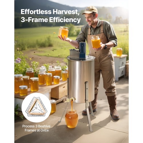 VEVOR 140W Electric Honey Extractor, 3 Frame Honey Spinner with Transparent Lid, Stainless Steel Honeycomb Drum Spinner, Height Adjustable, Honeycomb