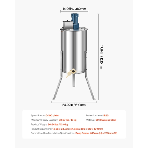 VEVOR 140W Electric Honey Extractor, 3 Frame Honey Spinner with Transparent Lid, Stainless Steel Honeycomb Drum Spinner, Height Adjustable, Honeycomb