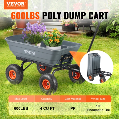 VEVOR 10 inch Tires Dump Cart, Poly Garden Dump Cart with Easy to Assemble Steel Frame, Dump Wagon with 2-in-1 Convertible Handle, Utility