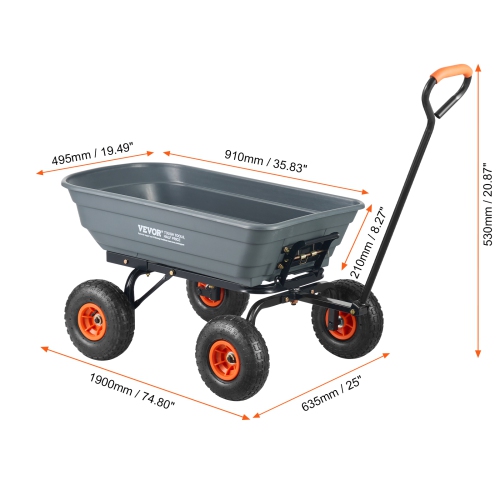 VEVOR 10 inch Tires Dump Cart, Poly Garden Dump Cart with Easy to Assemble Steel Frame, Dump Wagon with 2-in-1 Convertible Handle, Utility