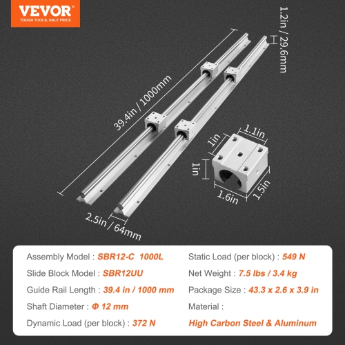 VEVOR SBR12 1000mm Linear Guide Rail Set, 2 PCS 39.4 in/1000 mm SBR12 Guide Rails and 4 PCS SBR12UU Slide Blocks, Linear Rails and Bearings Kit for