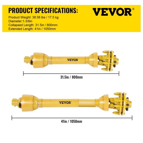 VEVOR 1-3/8”PTO Shaft, PTO Drive Shaft, 6 Spline Both Ends PTO Driveline Shaft, Series 4 Tractor PTO Shaft, 31.5”-41” Brush Hog PTO Shaft, Yellow PTO