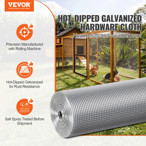 VEVOR Hardware Cloth, 1/4 inch 36in x 50 ft 23 Gauge, Hot Dipped Galvanized Wire Mesh Roll, Chicken Wire Fencing, Wire Mesh for Rabbit Cages, Garden,