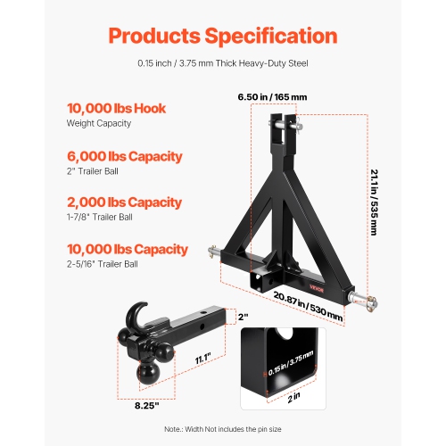 VEVOR 3 Point Trailer Hitch 2 in Receiver, 3pt Quick Hitch Attachment with 3 Trailer Balls, Tractor Tow Drawbar Adapter, Compatible with Kubota,