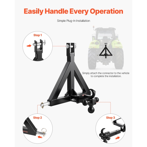 VEVOR 3 Point Trailer Hitch 2 in Receiver, 3pt Quick Hitch Attachment with 3 Trailer Balls, Tractor Tow Drawbar Adapter, Compatible with Kubota,