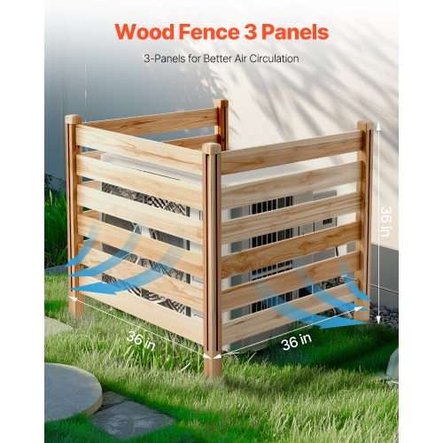 VEVOR 36" W x 36" L Wood Privacy Fence, 3 Panel Slatted Air Conditioner Fence Screen, Pool Equipment Enclosure with Metal Stakes, Easy DIY
