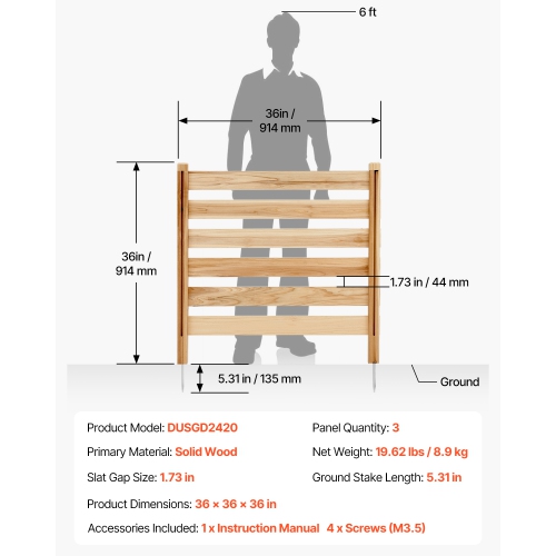 VEVOR 36" W x 36" L Wood Privacy Fence, 3 Panel Slatted Air Conditioner Fence Screen, Pool Equipment Enclosure with Metal Stakes, Easy DIY