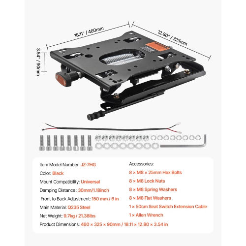 VEVOR Seat Suspension Kit with Seat Slider Track, Universal Air Ride Seat Suspension for Zero Turn Lawn Mower, 6in Front-to-Back Adjustable, Tractor