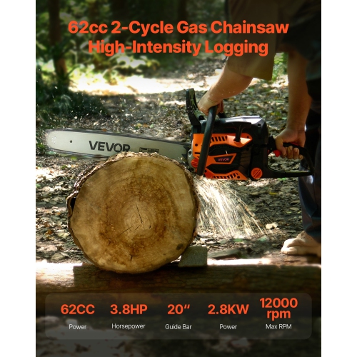 VEVOR 62 cc Gas Chainsaw, 20 inch Gas Powered Chainsaw, 3.8 HP Power Chain Saw with Non-Slip Handle, Gas-Powered Chainsaws with Dual Fuel Tanks, For