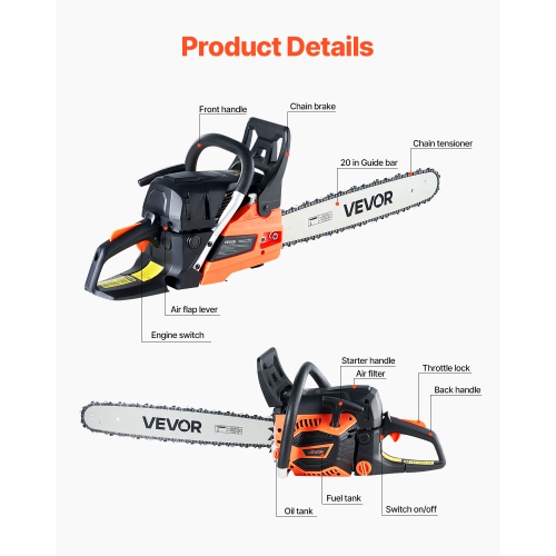 VEVOR 62 cc Gas Chainsaw, 20 inch Gas Powered Chainsaw, 3.8 HP Power Chain Saw with Non-Slip Handle, Gas-Powered Chainsaws with Dual Fuel Tanks, For