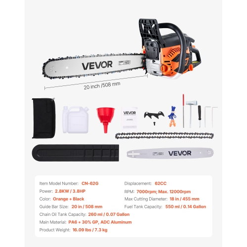 VEVOR 62 cc Gas Chainsaw, 20 inch Gas Powered Chainsaw, 3.8 HP Power Chain Saw with Non-Slip Handle, Gas-Powered Chainsaws with Dual Fuel Tanks, For
