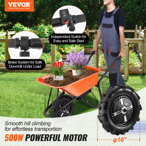 VEVOR 500W Electric Wheelbarrow Cart, Powered Utility Garden Wagon Dump Cart, 5 Cu. Ft. Load & 330 lbs Capacity with Metal Handle & 16" Track Wheels,