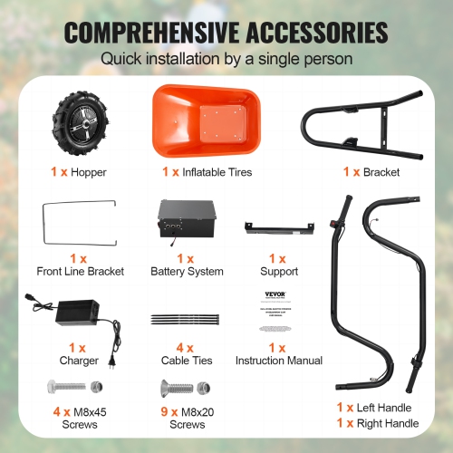 VEVOR 500W Electric Wheelbarrow Cart, Powered Utility Garden Wagon Dump Cart, 5 Cu. Ft. Load & 330 lbs Capacity with Metal Handle & 16" Track Wheels,