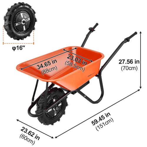 VEVOR 500W Electric Wheelbarrow Cart, Powered Utility Garden Wagon Dump Cart, 5 Cu. Ft. Load & 330 lbs Capacity with Metal Handle & 16" Track Wheels,
