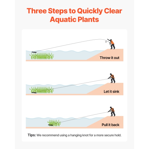 VEVOR 32 in Aquatic Weed Rake, 6.3 in Double Sided Lake Weed Rake, Lightweight Pond Weeds Cutter with 30ft Rope, No Assembly Required, Muck Lilypad