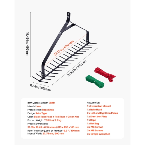 VEVOR 32 in Aquatic Weed Rake, 6.3 in Double Sided Lake Weed Rake, Lightweight Pond Weeds Cutter with 30ft Rope, No Assembly Required, Muck Lilypad