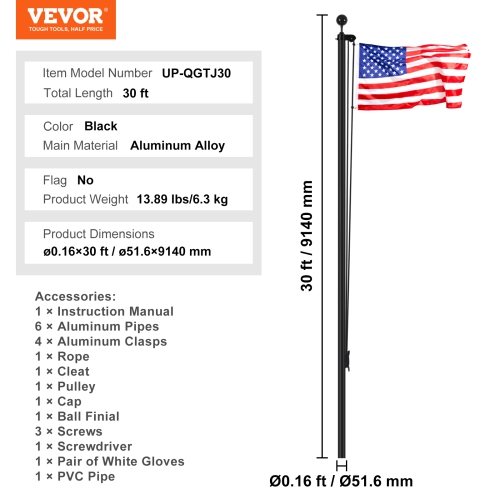 VEVOR 30FT Detachable Flagpole Kit, Heavy Duty Aluminum Alloy Flag Pole Kit in Ground for Outdoor, 3 Display Modes Flagpole with Professional