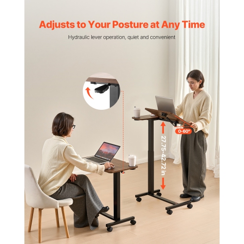 VEVOR Overbed Table, Mobile Bed Side Table with Flip Desktop and 4 Wheels, Height & Angle Adjustable Rolling Laptop Desk with Cup Holder, Portable