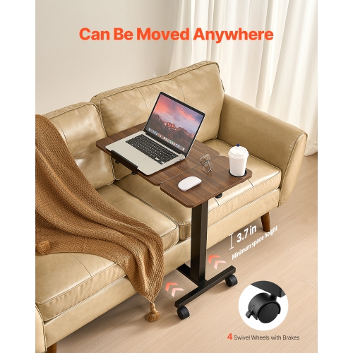 VEVOR Overbed Table, Mobile Bed Side Table with Flip Desktop and 4 Wheels, Height & Angle Adjustable Rolling Laptop Desk with Cup Holder, Portable