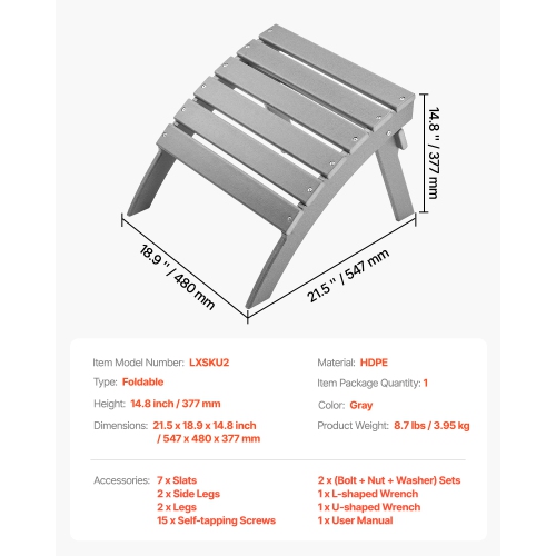 VEVOR 21.5L x 18.9W x 14.8H Inch Adirondack Ottoman, HDPE Plastic Folding Adirondack Ottoman, Weather-Resistant Foot Rest for Adirondack Chair,