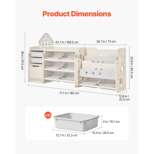 VEVOR 4-Tier Kids Toy Storage with Bookshelf,Toy Storage Organizer with 10 Movable Plastic Bins, Kids Cubby Cabinet with Bookshelf for Study Room,