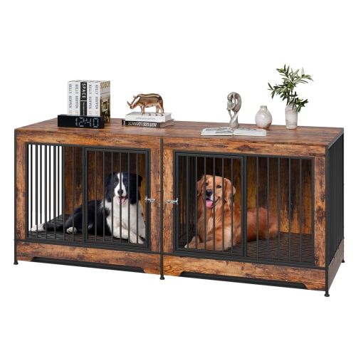 VEVOR  75" Dog Crate Furniture for 2 Dogs, Extra Large Double Dog Crate Furniture Large Breed \w Divider & Double Doors, Large Wooden Dog Crate