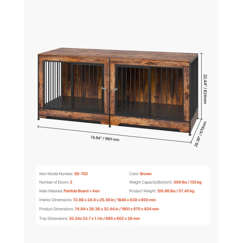 VEVOR 75" Dog Crate Furniture for 2 Dogs, Extra Large Double Dog Crate Furniture Large Breed with Divider & Double Doors, Large Wooden Dog Crate
