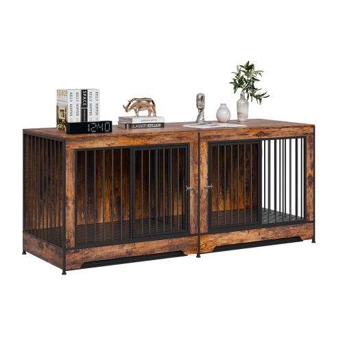 VEVOR 75" Dog Crate Furniture for 2 Dogs, Extra Large Double Dog Crate Furniture Large Breed with Divider & Double Doors, Large Wooden Dog Crate